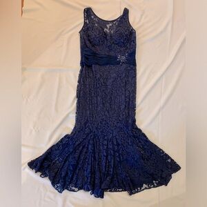 Long Navy Flare lace over dress made by Montage by Mon Cheri Excellent